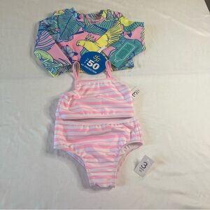 Pink and White Striped Swimsuit with Tropical Rash Guard